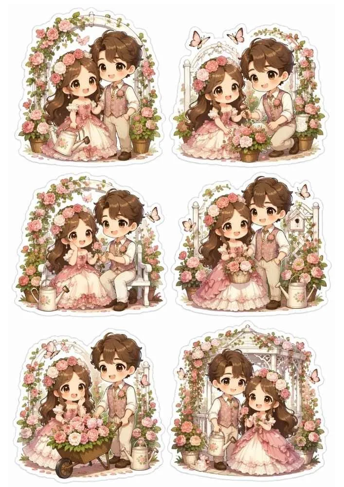 Six rose garden stickers with a couple, flowers, watering cans, butterflies, and garden arches.