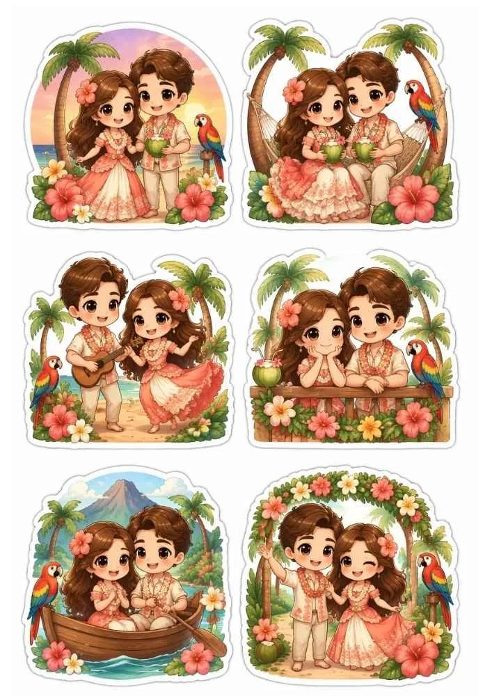 Six tropical stickers with a couple, parrots, palm trees, flowers, beach, and boat.