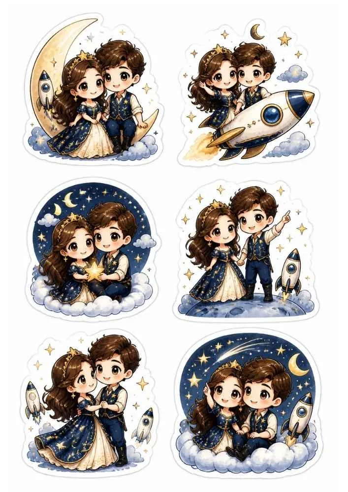 Six space-themed stickers with a couple, stars, moon, clouds, rockets, and night sky scenes.
