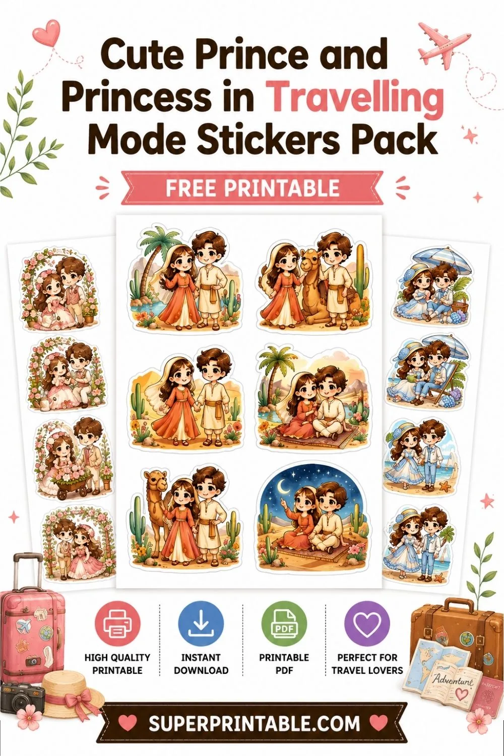 Cute Prince and Princess in Travelling Mode Stickers Pack Pinterest Image