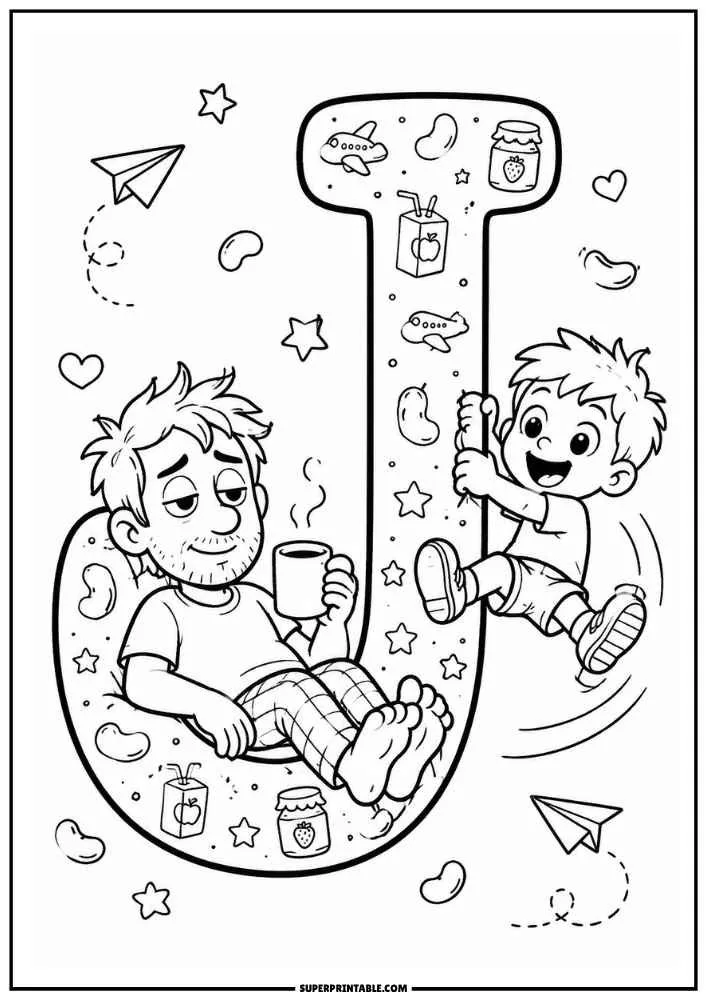 A black and white coloring page with a large letter J. A child swings from the letter while a dad sits holding a mug. Airplanes, juice boxes, jars, stars, hearts, and beans appear around them.