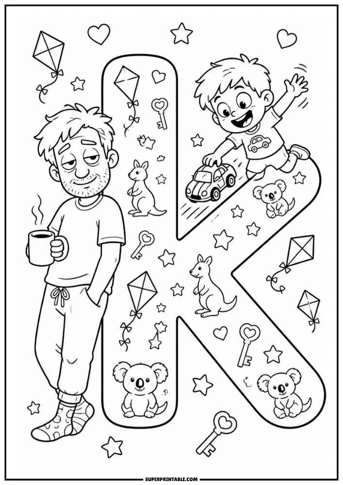 A black and white coloring page featuring a large letter K. A child rides a toy car on the letter while a dad stands holding a mug. Kites, keys, koalas, kangaroos, hearts, and stars surround them.