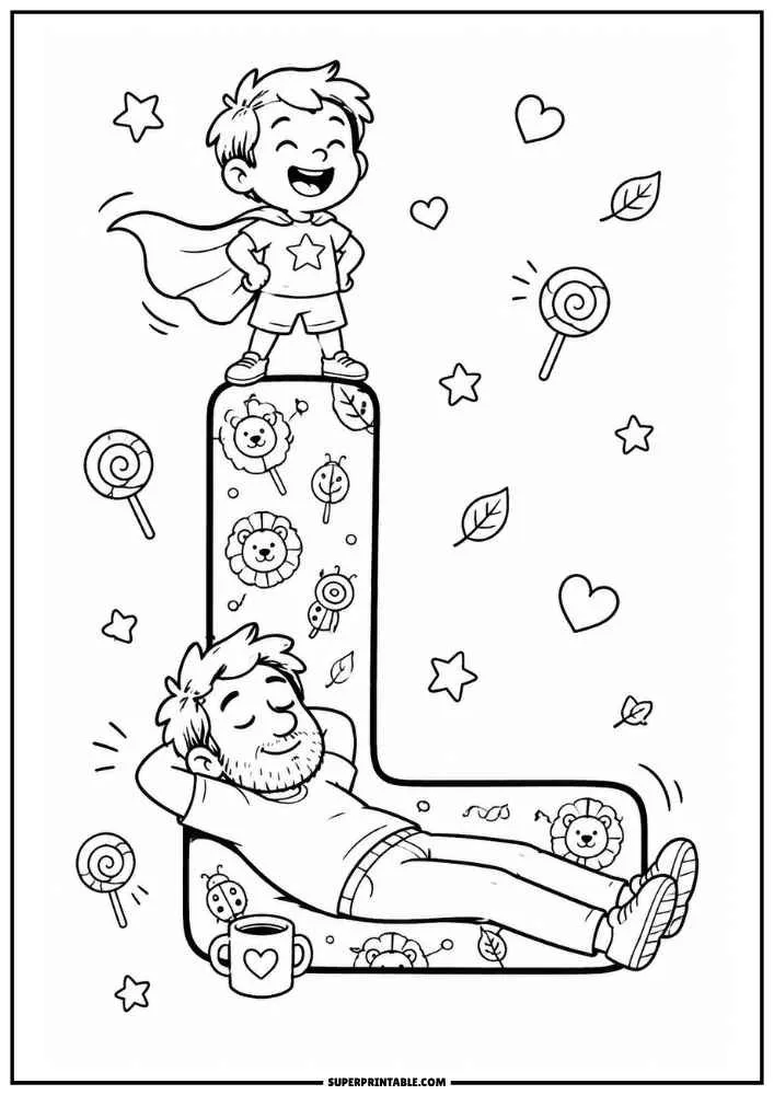 A black and white coloring page with a large letter L. A child in a cape stands on top while a dad reclines below. Lollipops, lion faces, leaves, stars, and hearts decorate the page.