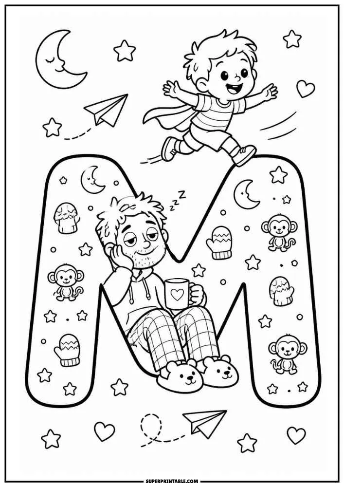 A black and white coloring page featuring a large letter M. A child flies above the letter while a dad sits holding a mug. Monkeys, moons, mittens, stars, hearts, and airplanes fill the page.