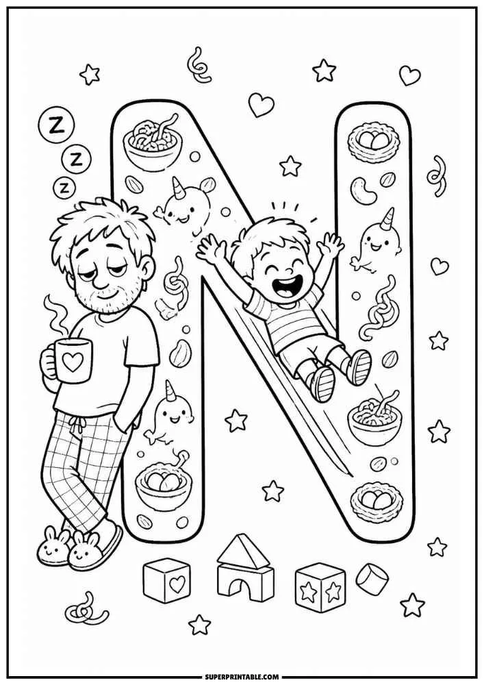 A black and white coloring page with a large letter N. A child slides down the letter while a dad stands holding a mug. Narwhals, noodle bowls, blocks, stars, hearts, and pretzels decorate the page.
