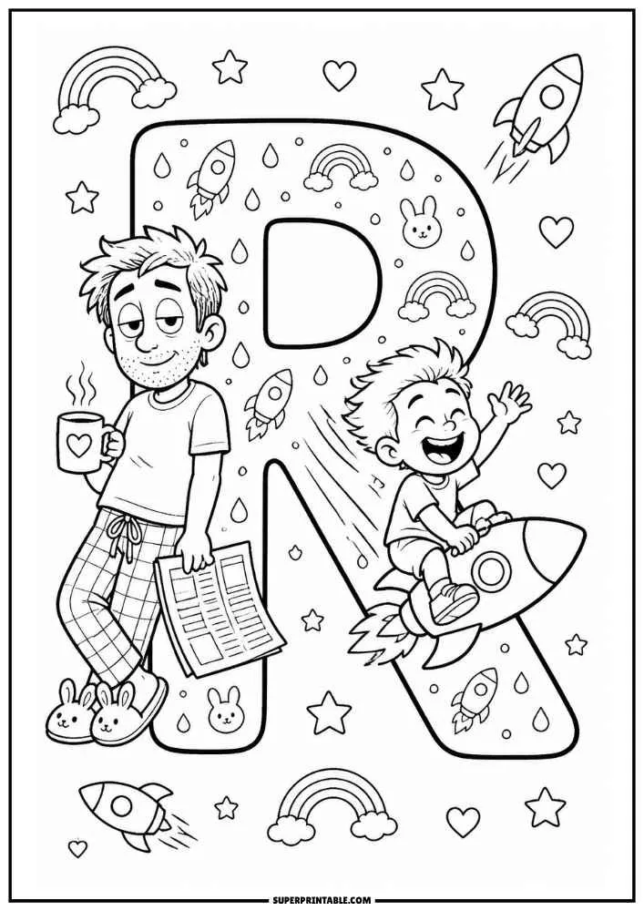 A black and white coloring page with a large letter R. A child rides a rocket while a dad stands holding a newspaper and mug. Rainbows, rockets, stars, hearts, and bunny faces decorate the page.