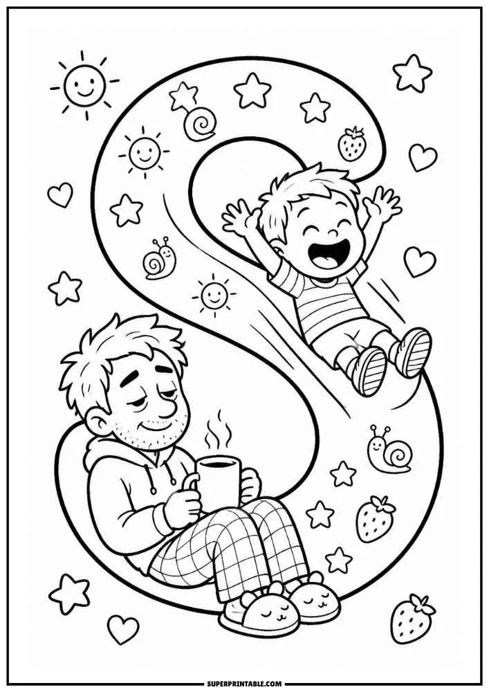 A black and white coloring page featuring a large letter S. A child slides on the letter while a dad sits holding a mug. Suns, strawberries, snails, hearts, and stars surround them.