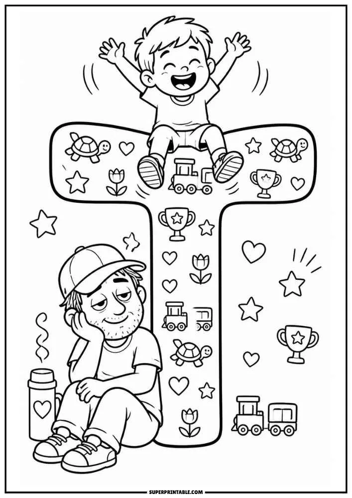 A black and white coloring page with a large letter T. A child sits on top of the letter while a dad sits below near a mug. Toy trains, turtles, trophies, flowers, stars, and hearts decorate the page.
