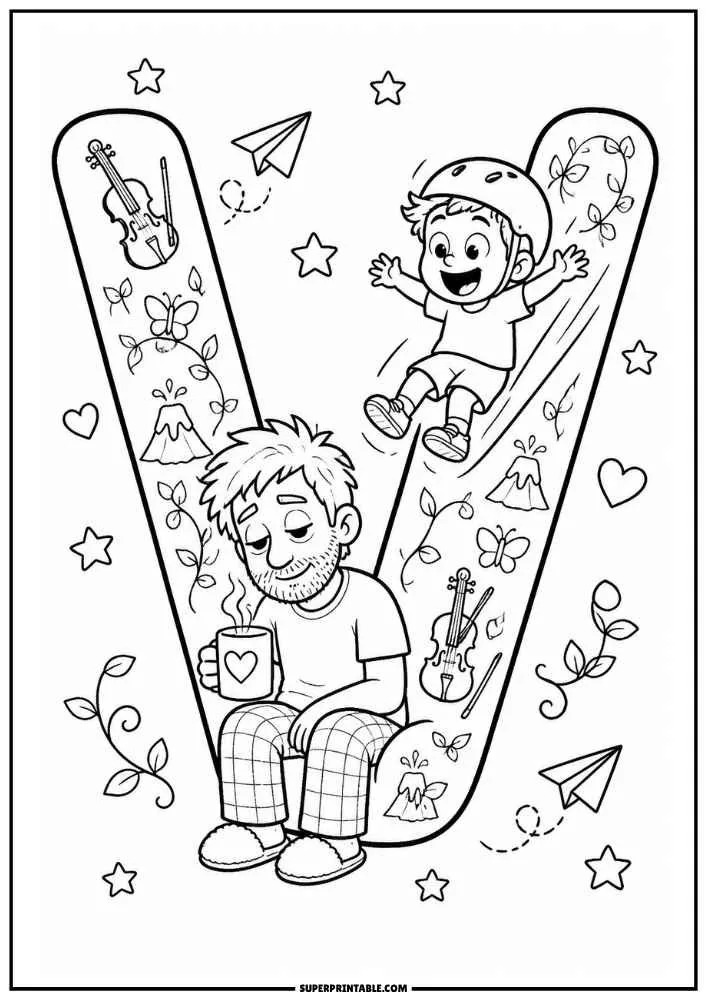 A black and white coloring page featuring a large letter V. A child slides on the letter while a dad sits holding a mug. Violins, butterflies, vines, volcanoes, stars, hearts, and paper airplanes surround them.