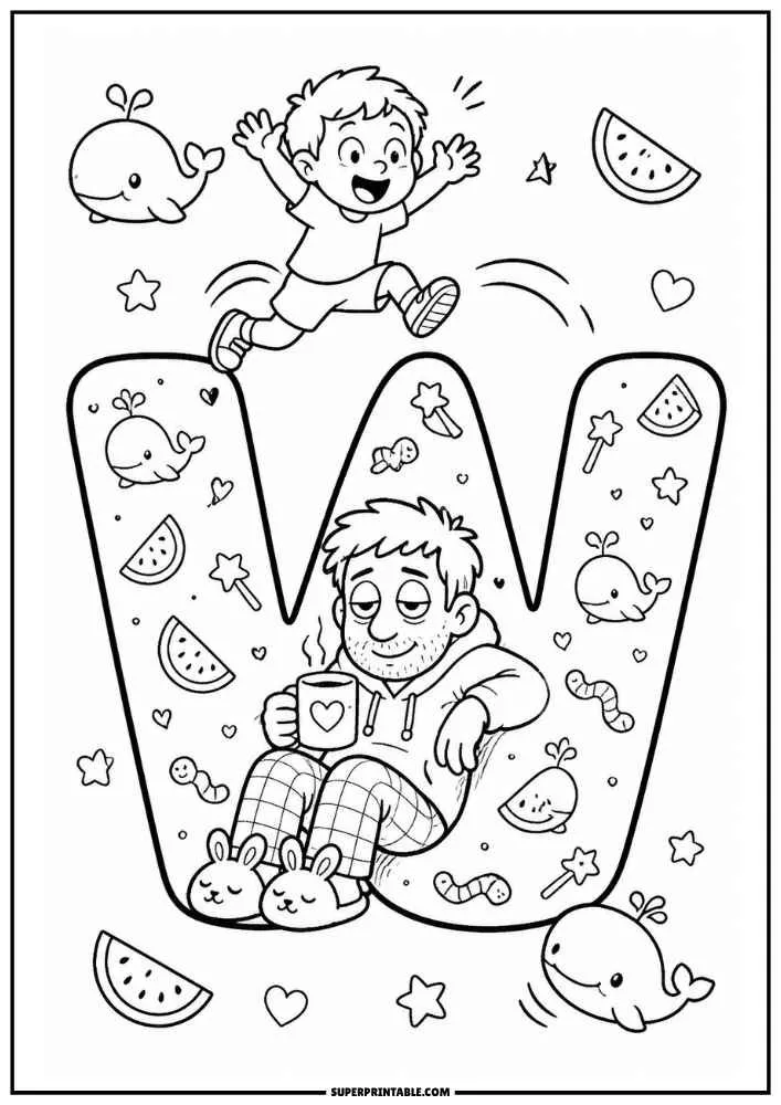 A black and white coloring page with a large letter W. A child jumps over the letter while a dad sits holding a mug. Whales, watermelon slices, worms, stars, hearts, and bunny slippers appear throughout the scene.