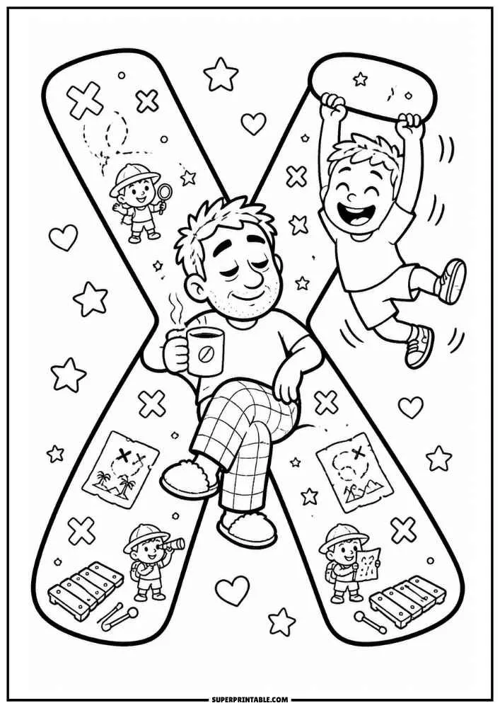 A black and white coloring page featuring a large letter X. A child hangs from the top while a dad sits holding a mug. Explorers, treasure maps, xylophones, stars, hearts, and X symbols decorate the page.
