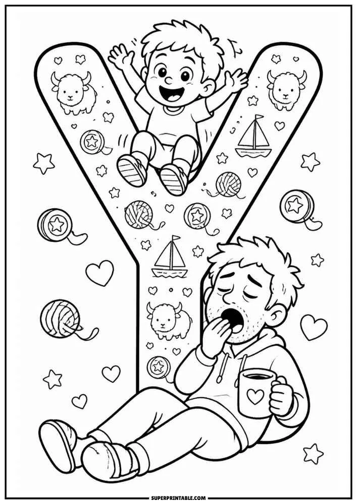 A black and white coloring page with a large letter Y. A child sits on top of the letter while a dad yawns and holds a mug. Yaks, yarn balls, yo-yos, sailboats, hearts, and stars surround them.