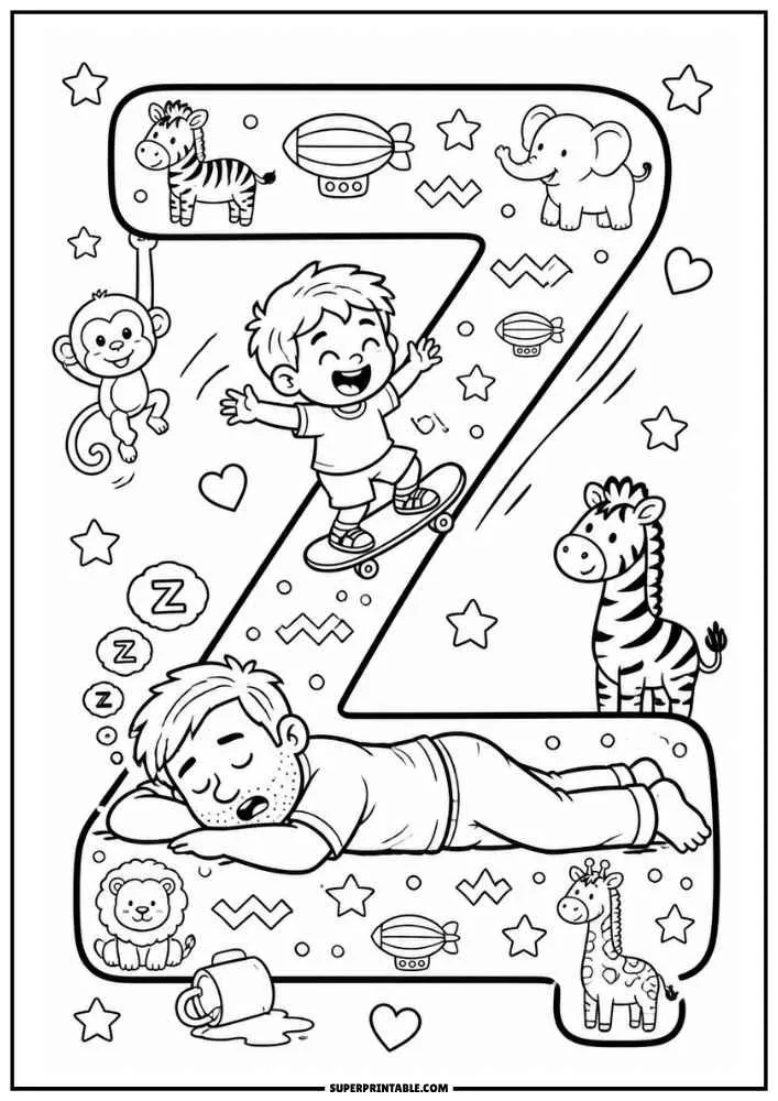 A black and white coloring page featuring a large letter Z. A child rides a skateboard on the letter while a dad sleeps. Zebras, a monkey, lion, giraffe, elephant, airships, hearts, stars, and a spilled mug decorate the page.