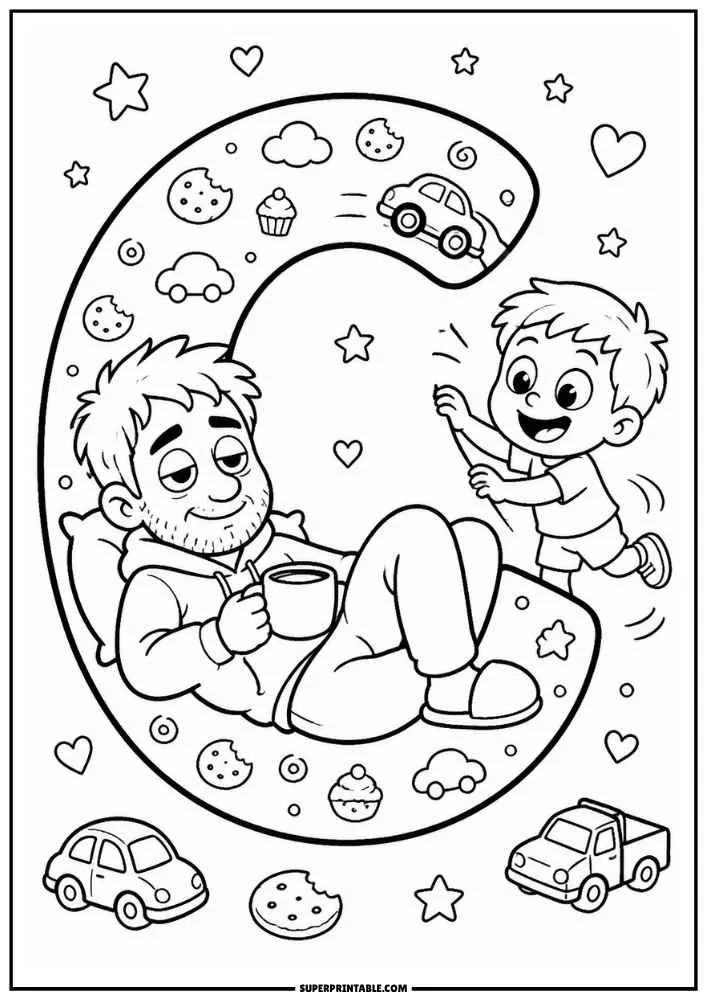 A black and white coloring page featuring a large letter C. A child runs beside the letter while a dad lounges with a mug. Cars, cookies, cupcakes, clouds, hearts, and stars surround them.