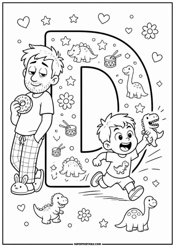 A black and white coloring page with a large letter D. A child runs holding a dinosaur toy while a dad stands eating a donut. Dinosaurs, flowers, stars, hearts, and toy drums fill the page.