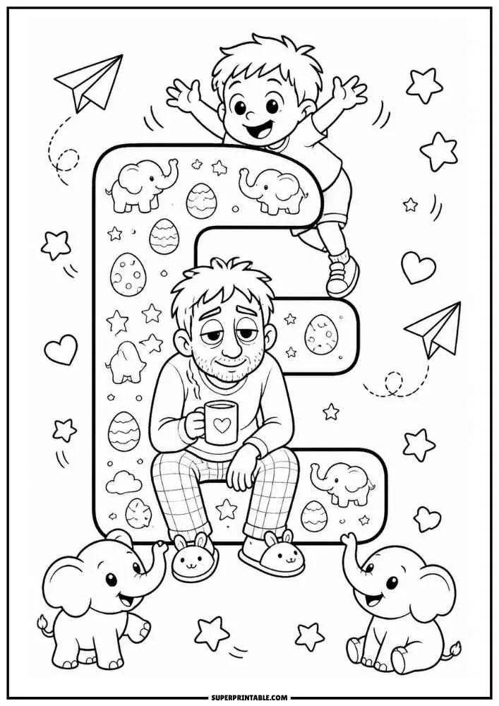 A black and white coloring page featuring a large letter E. A child stands on the letter while a dad sits holding a mug. Elephants, stars, hearts, eggs, and paper airplanes decorate the page.