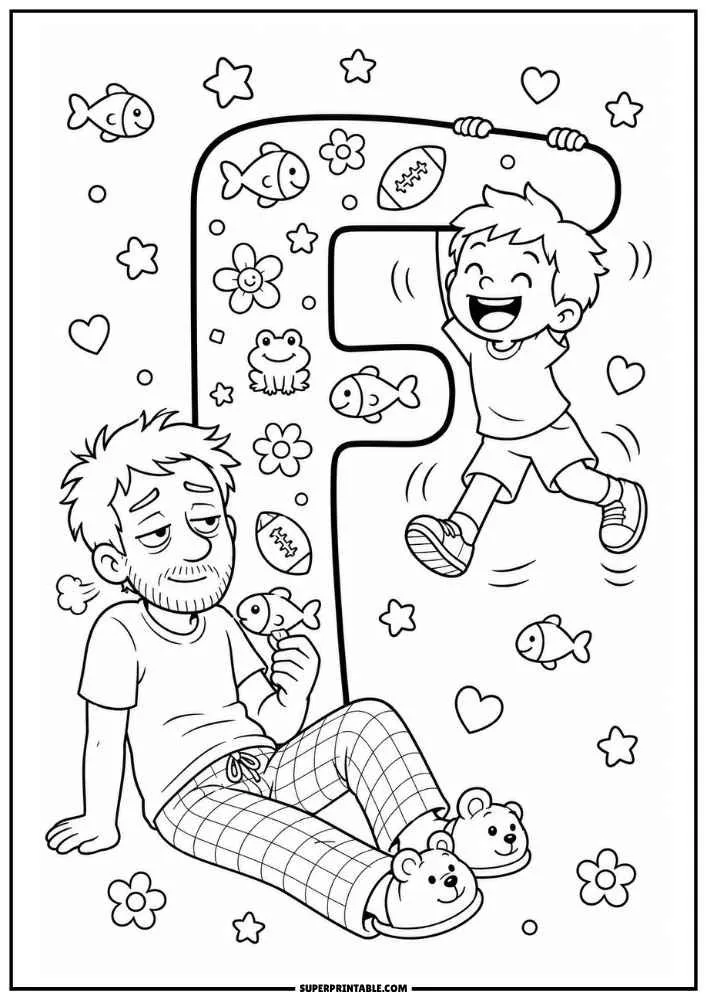 A black and white coloring page with a large letter F. A child hangs from the letter while a dad sits holding a fish. Fish, frogs, flowers, footballs, stars, and hearts surround them.