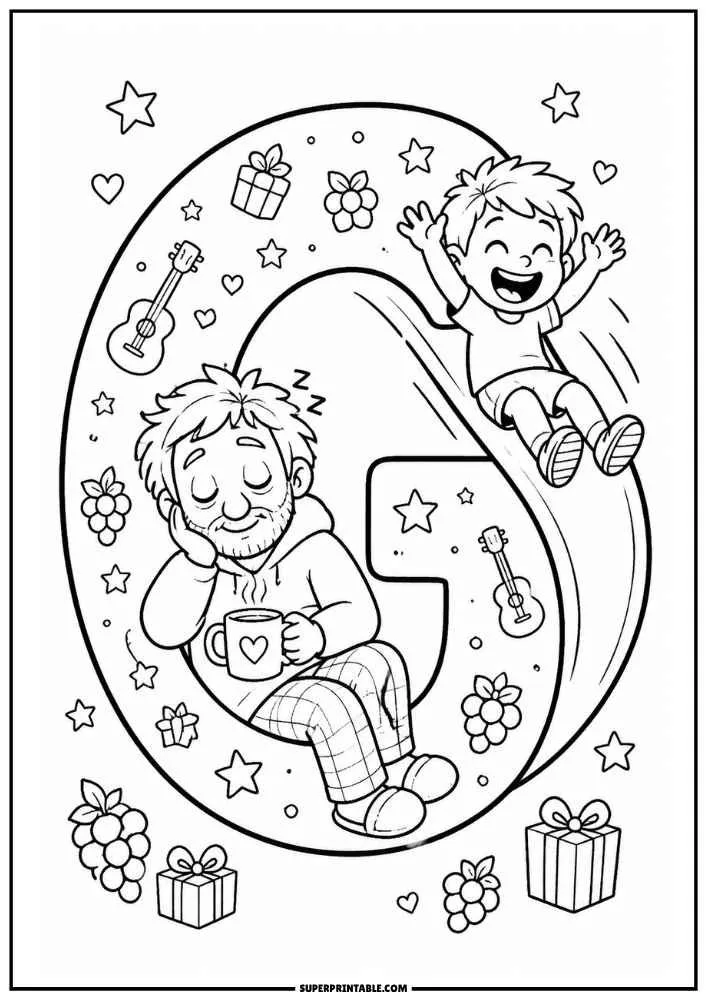 A black and white coloring page featuring a large letter G. A child slides on the letter while a sleeping dad holds a mug. Grapes, gift boxes, guitars, hearts, and stars fill the page.