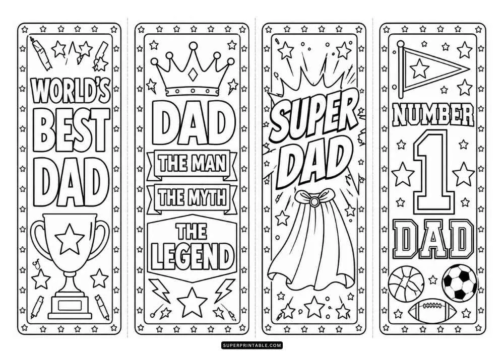 A black and white page with four bookmarks featuring quotes such as Super Dad and Number 1 Dad, along with a cape, trophy, crown, stars, and sports balls.