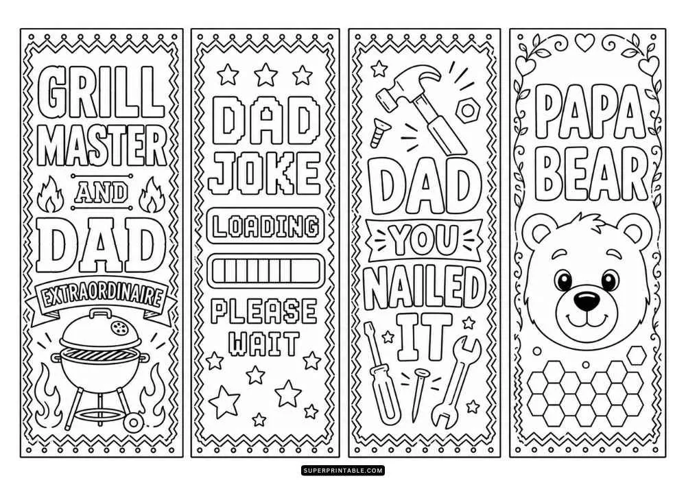A black and white page with four bookmarks featuring grilling equipment, tools, a loading bar, a bear face, stars, hearts, honeycomb shapes, and dad-themed quotes.