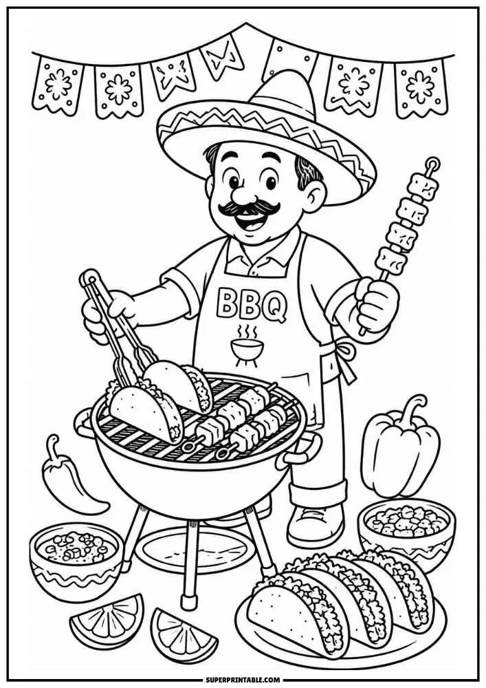 BBQ coloring page featuring a cook in a sombrero grilling tacos and skewers at a festive barbecue.