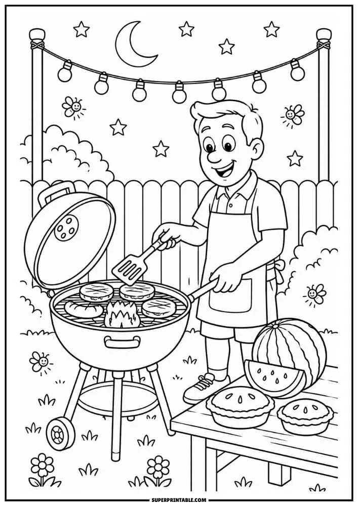 BBQ coloring page featuring a backyard evening barbecue with string lights, burgers, sausages, watermelon, and desserts.