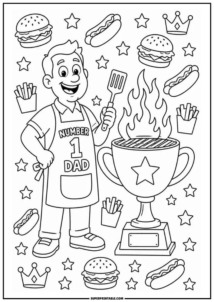 BBQ coloring page featuring a Number One Dad standing beside a barbecue trophy grill with burgers and hot dogs.