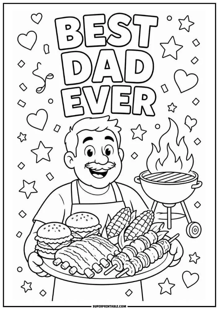 BBQ coloring page featuring Best Dad Ever text, a smiling dad, grilled foods, and a barbecue grill.