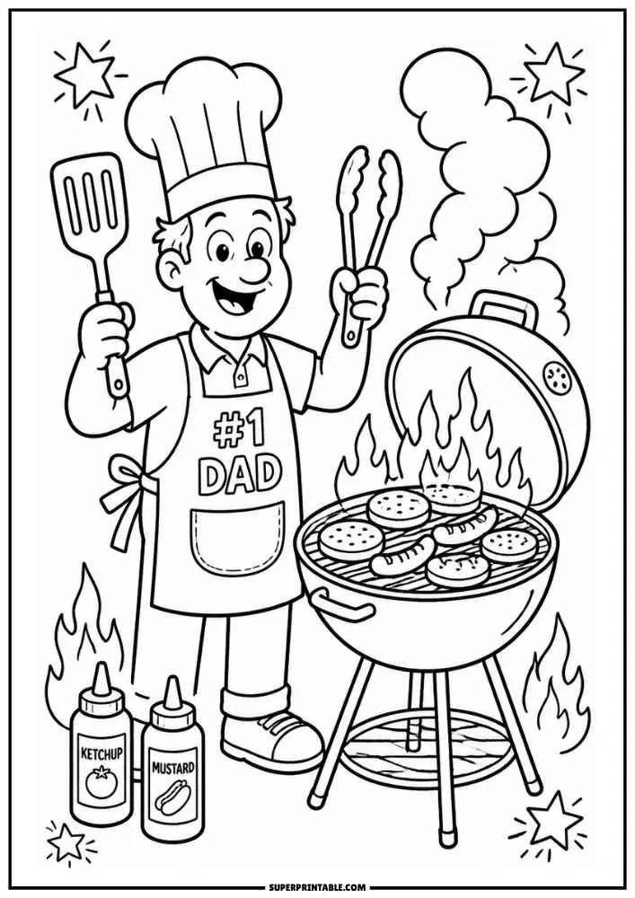 BBQ coloring page featuring a Grill Master cooking burgers, hot dogs, and corn on a barbecue grill.
