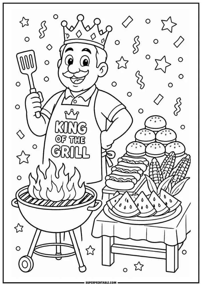 BBQ coloring page featuring a crowned grill master beside a barbecue and a table filled with picnic foods.