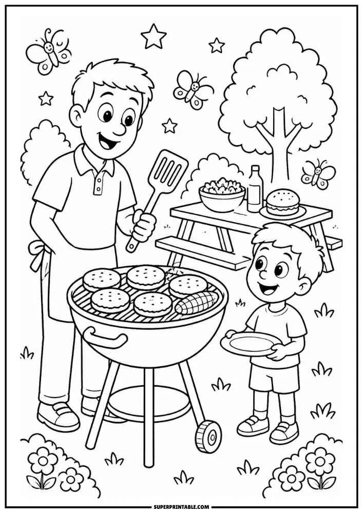 BBQ coloring page featuring a parent and child enjoying a backyard cookout with burgers, corn, and picnic foods.