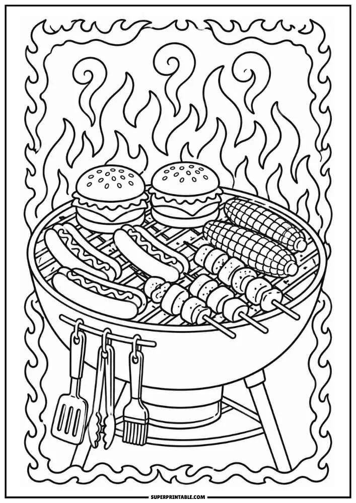 BBQ coloring page featuring a relaxing dad chef sitting beside a smiling barbecue grill with picnic foods.