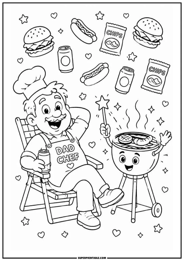 BBQ coloring page featuring a barbecue grill loaded with burgers, hot dogs, corn, skewers, and grilling tools.