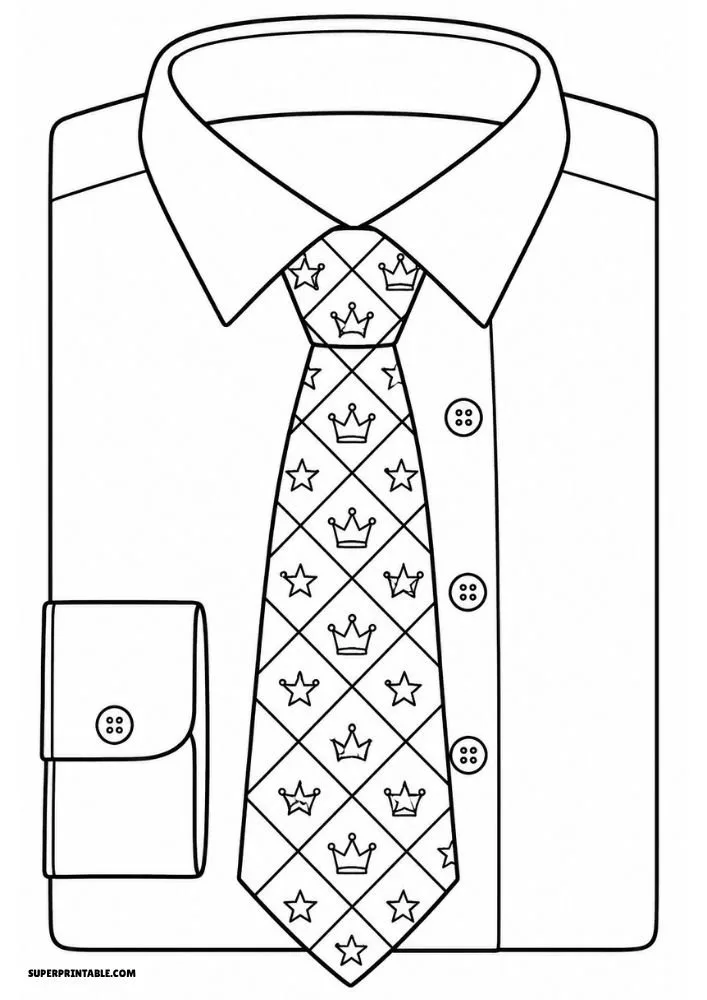 A collared dress shirt with a necktie featuring crown and star patterns arranged in a diamond design.