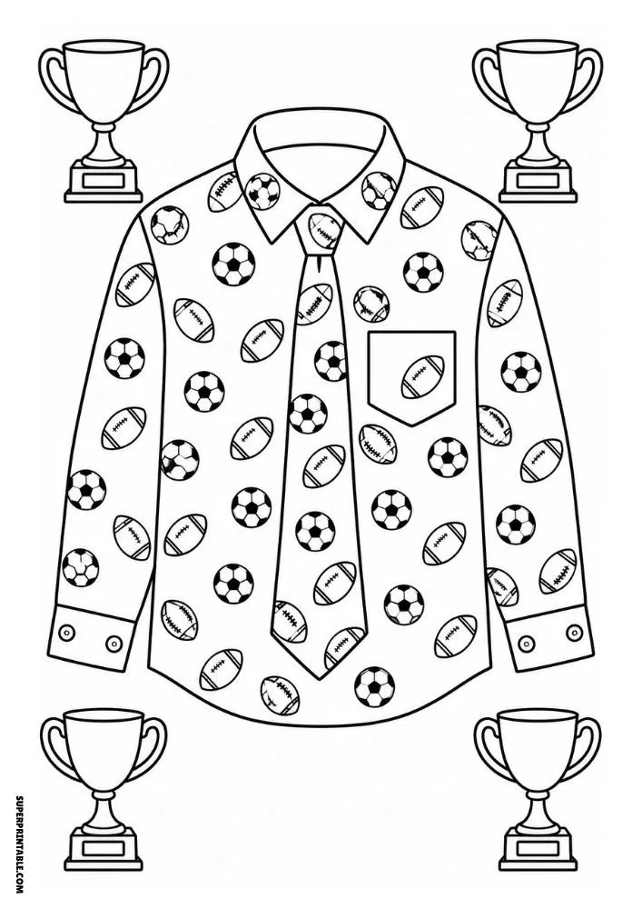 A shirt and tie decorated with soccer balls and footballs, surrounded by four trophy cups.