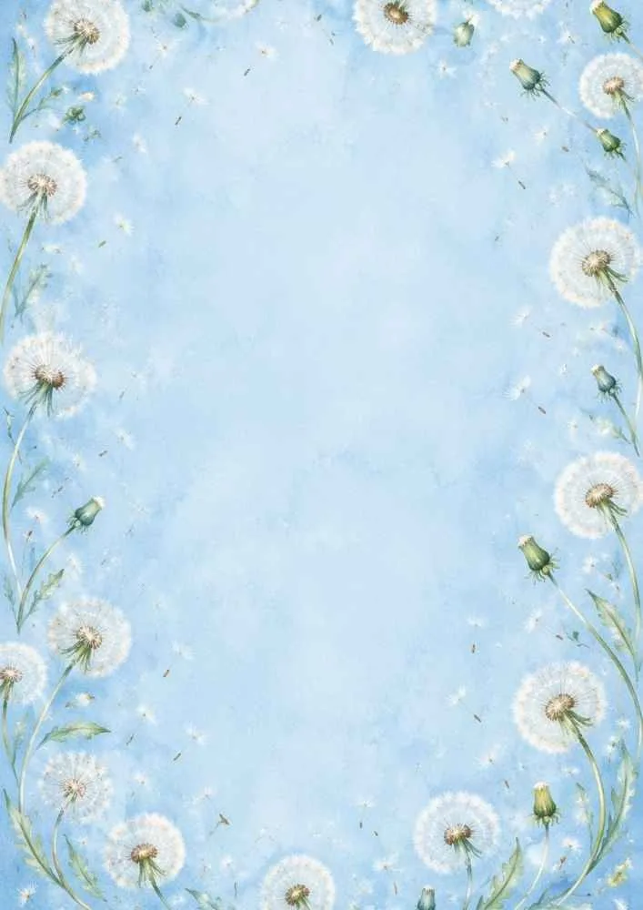 Blue background with white dandelion flowers and a soft floral border around a blank center.