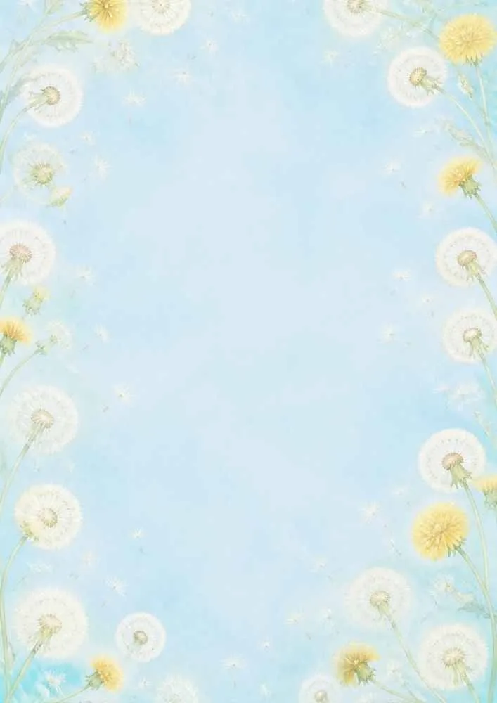 Light blue background with white and yellow dandelions around a blank center.