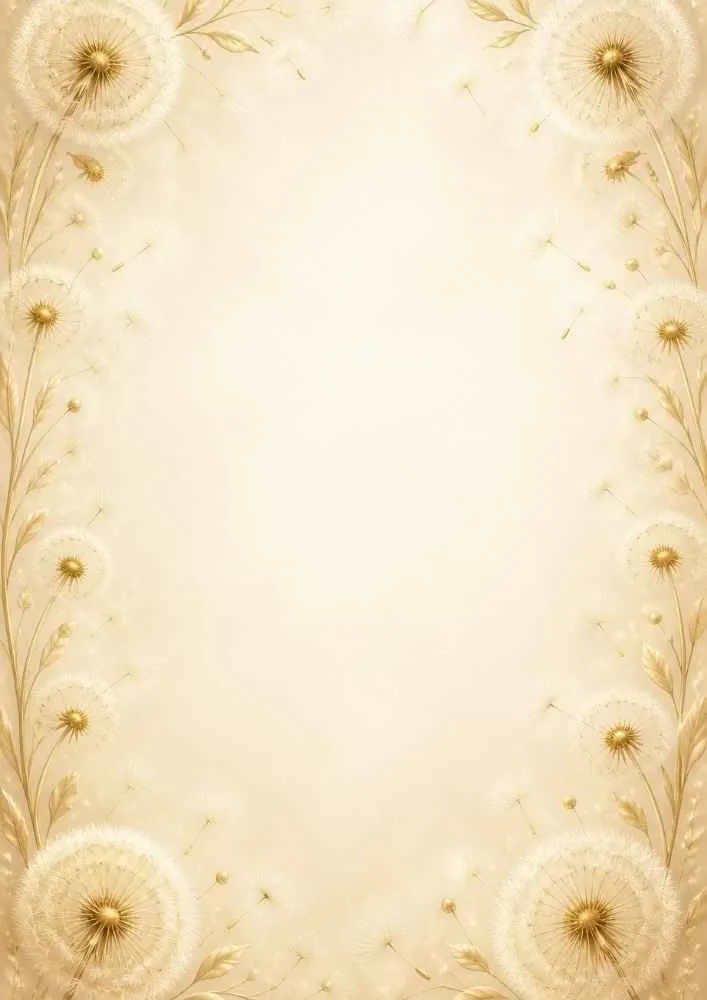 Cream background with glowing golden dandelions forming a floral border.