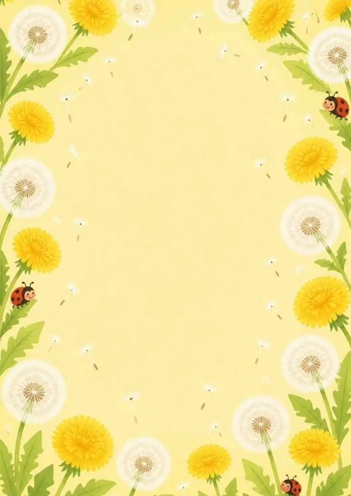 Yellow background with dandelions, ladybugs, and a floral border around a blank center.