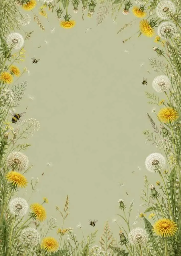 Green background with dandelions, wildflowers, and bees around a blank center.