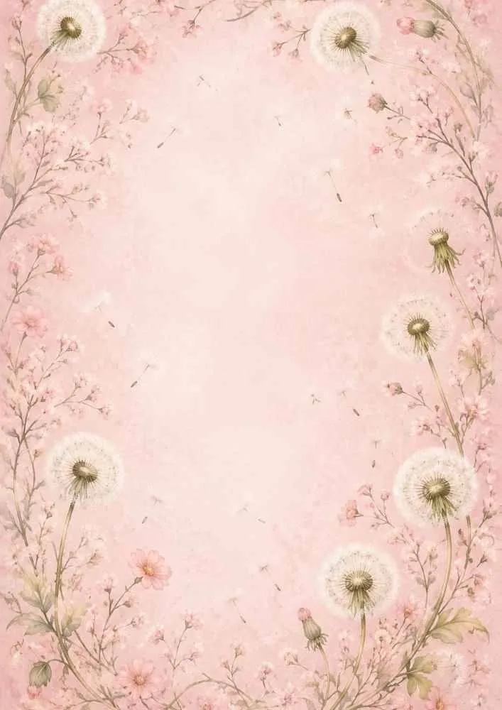 Pink floral background with dandelions and blossoms around a blank center.