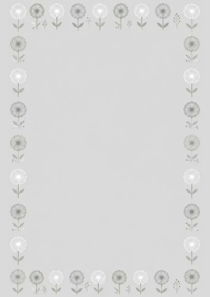 Gray background with repeating dandelion flowers forming a border around a blank center.