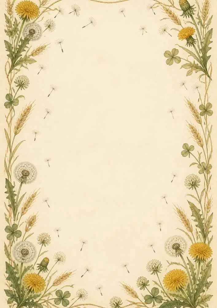 Cream background with clovers, dandelions, and grasses around a blank center.
