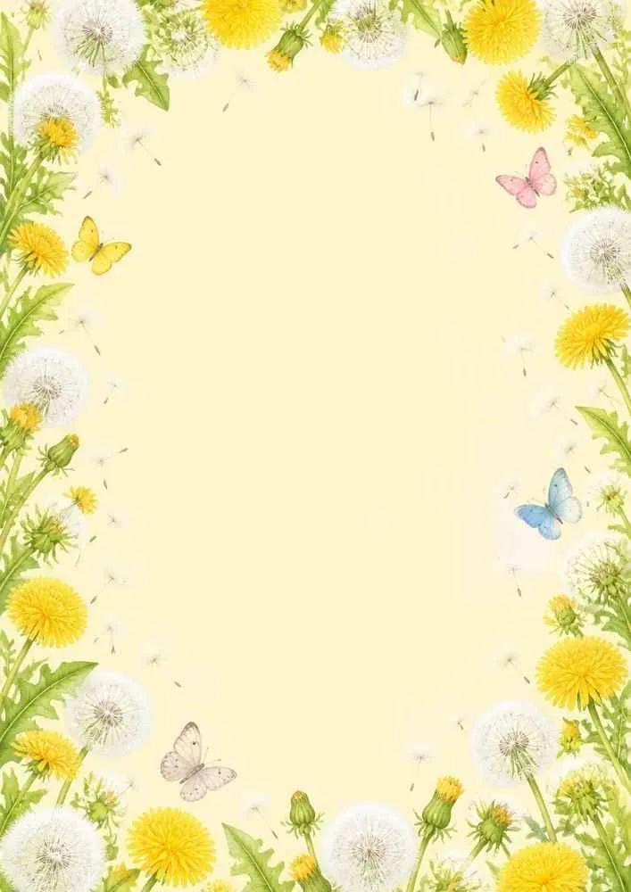 Cream background with dandelions and colorful butterflies around a blank center.