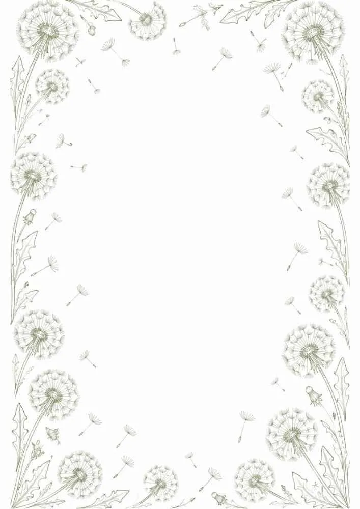 White background with delicate gray dandelion sketches forming a border.
