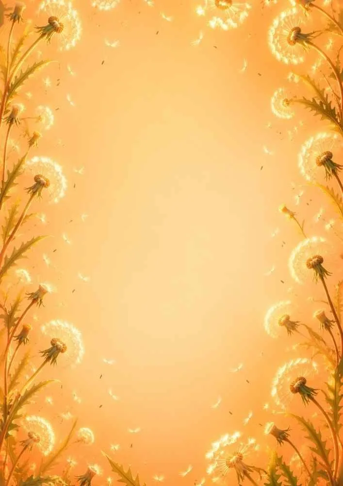 Orange background with glowing dandelions and floating seeds around a blank center.