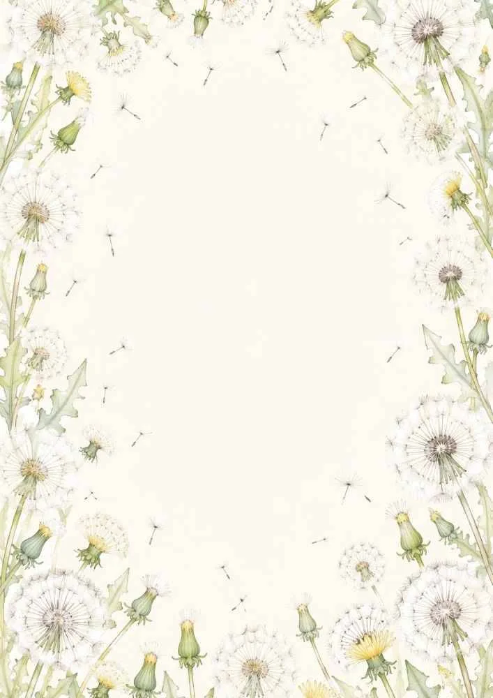 Cream background with vintage dandelions, green leaves, and a floral border around a blank center.
