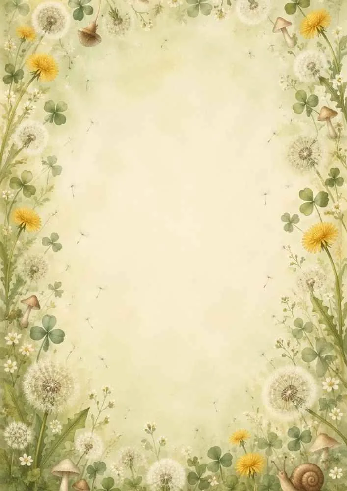Cream background with clovers, mushrooms, and dandelions around a blank center.