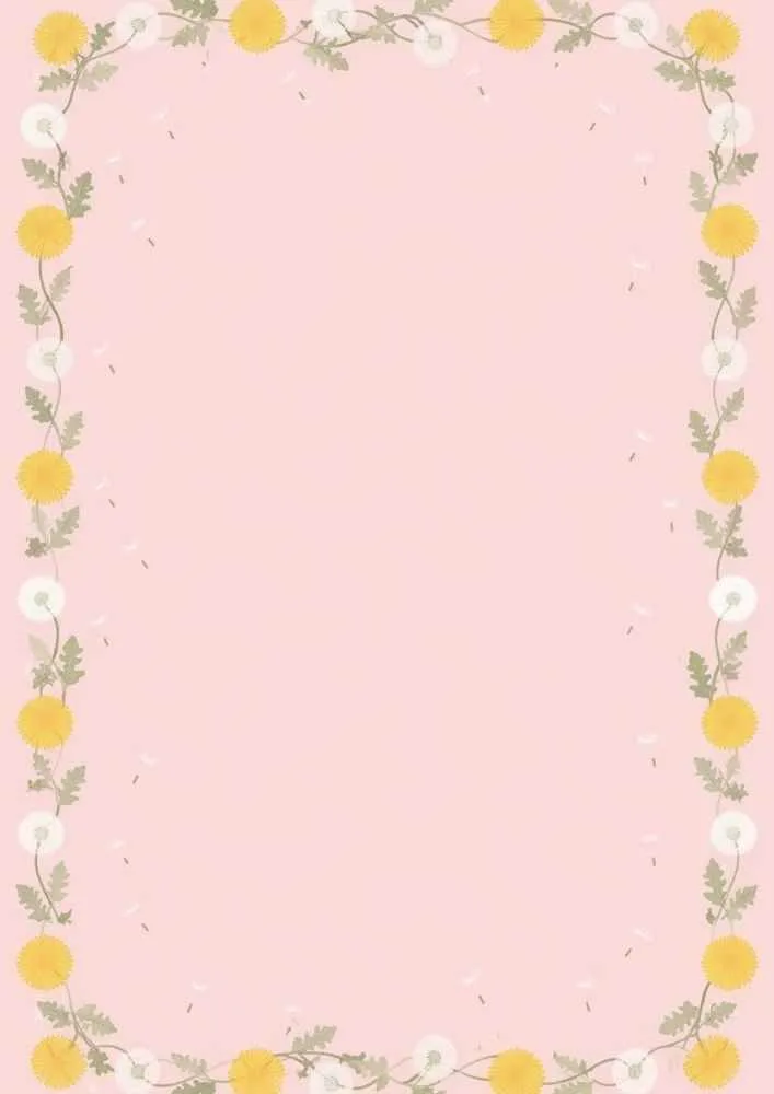 Pink background with yellow dandelions and white seed heads around a blank center.