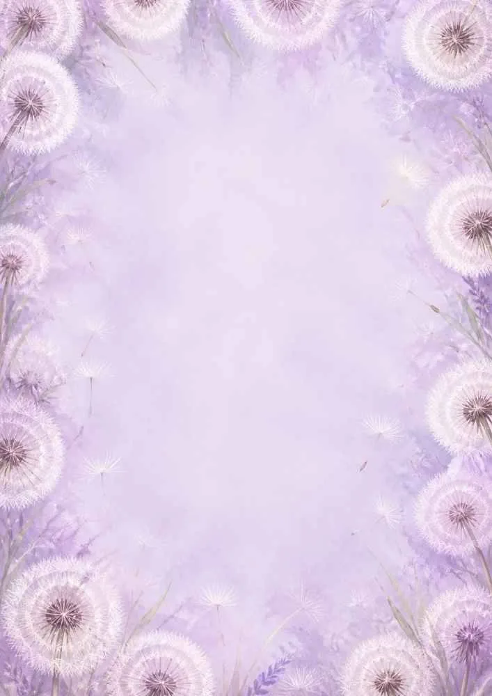 Lavender background with white dandelions forming a floral border around a blank center.